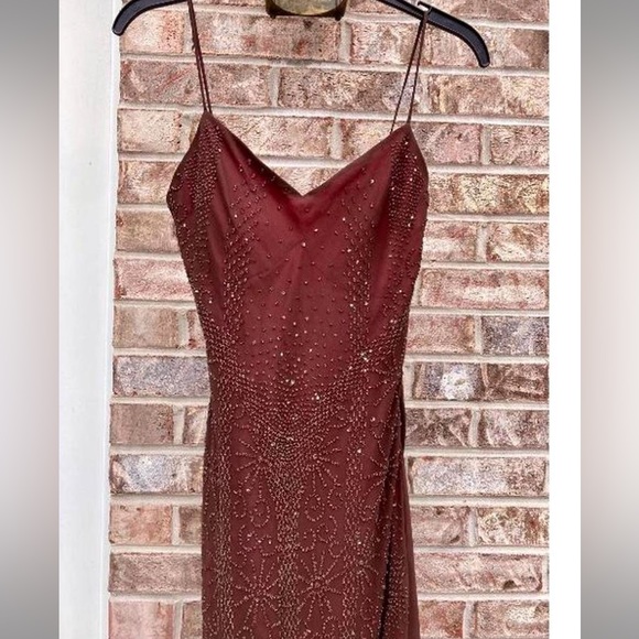 Goth Burgundy & Brown Beaded Overlay Prom Dress - Picture 6 of 8